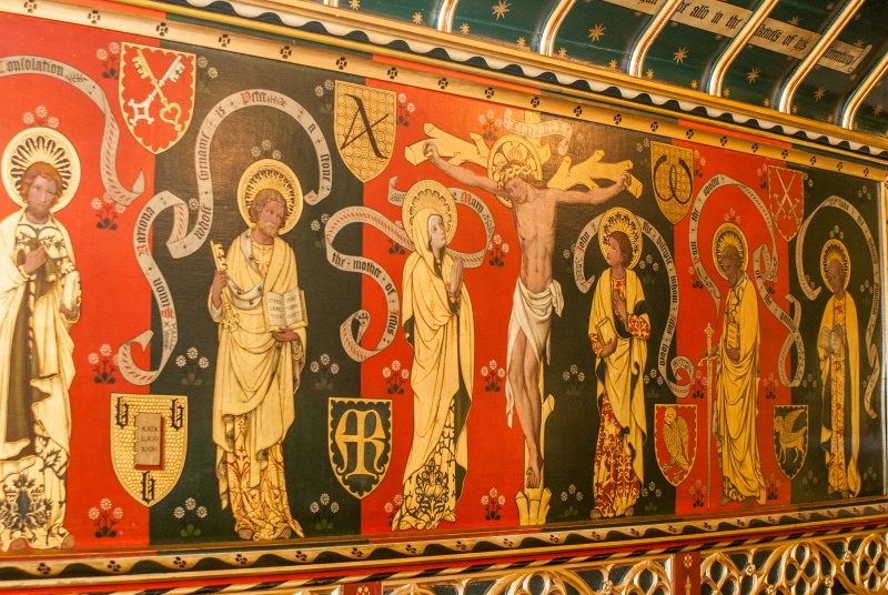Detail of a painted mural, or Reredos, in the extension.